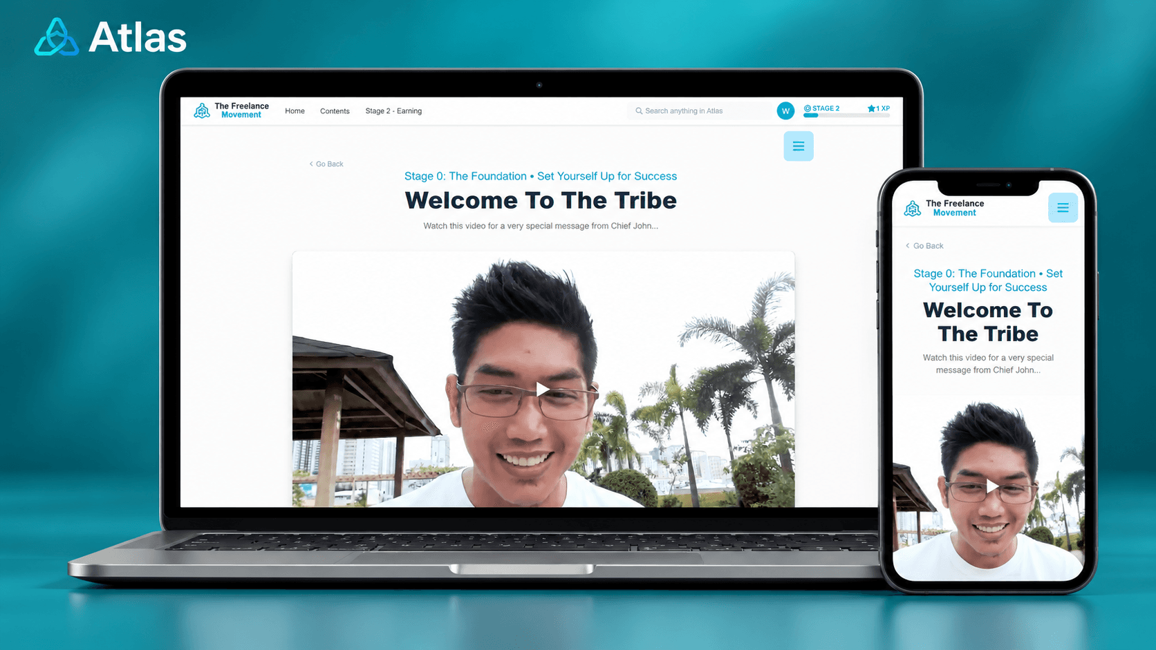 Atlas learning platform presented in laptop and phone mockups on a teal background.