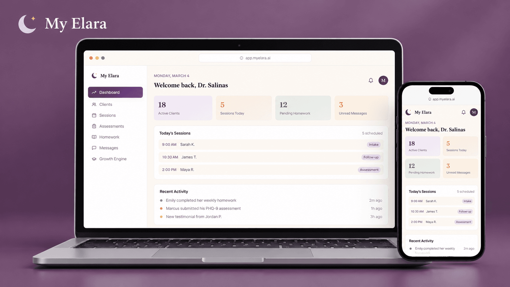 My Elara clinical dashboard presented in laptop and phone mockups on a plum background.