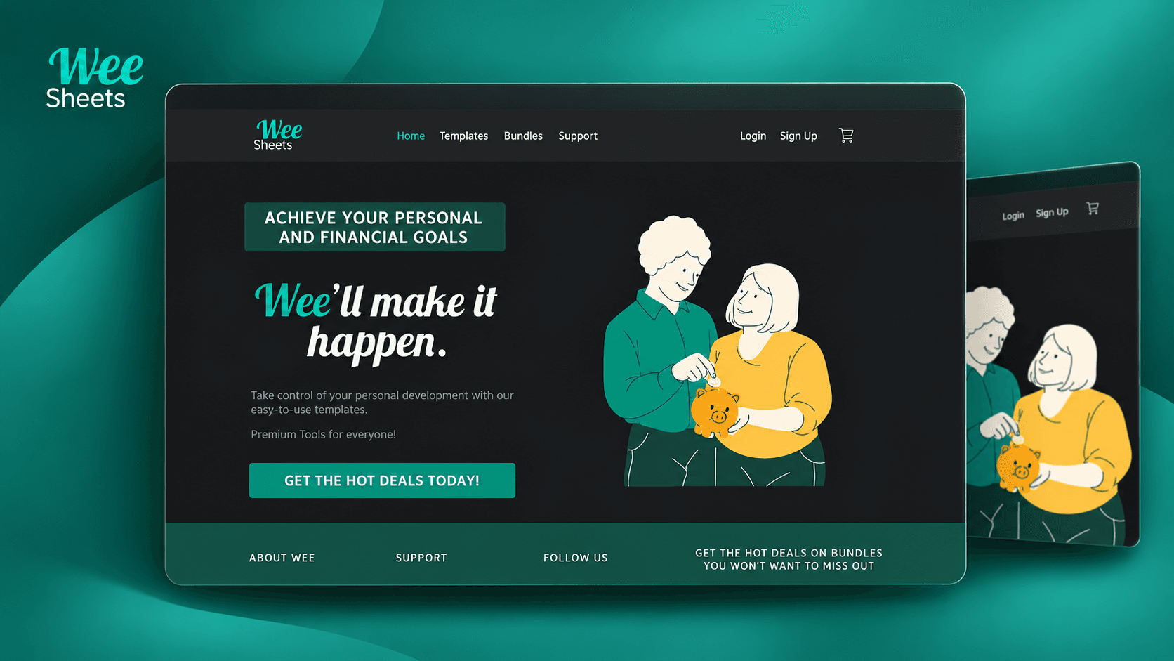 Wee Sheets digital-tools storefront presented in layered browser mockups on a teal background.